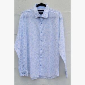 Jared Lang Mens Shirt XL White Blue Embroidered Bubble Print Button Up Cotton